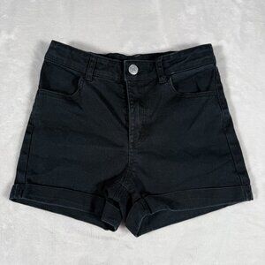 H&M Shorts Women Size 8 Black Denim High-Rise Cotton Blend Adjustable Belt